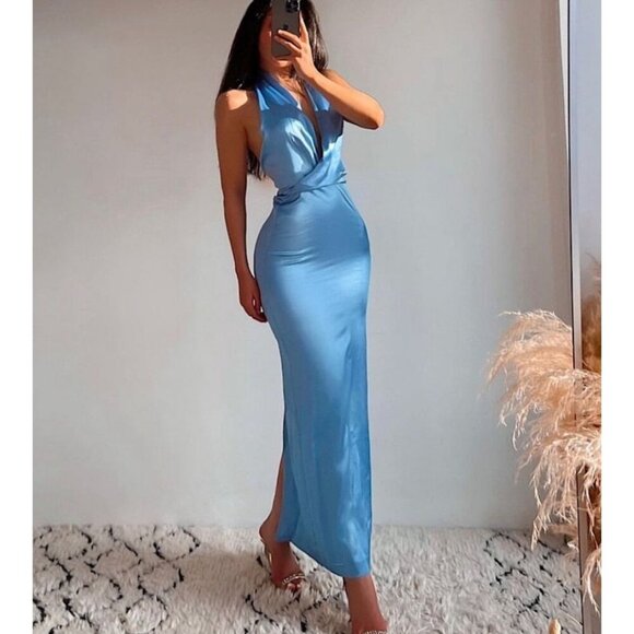 Zara Women Satin Halter Backless Long Dress Sky Blue Size XL - Picture 2 of 10